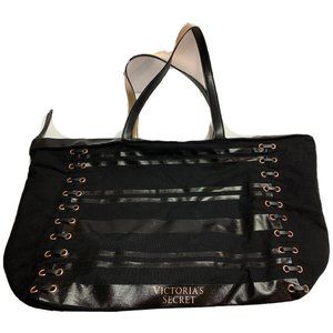 VICTORIA SECRET BAG BLACK ROSE GOLD LACE UP CORSET WEEKENDER LARGE TOTE SHOPPER